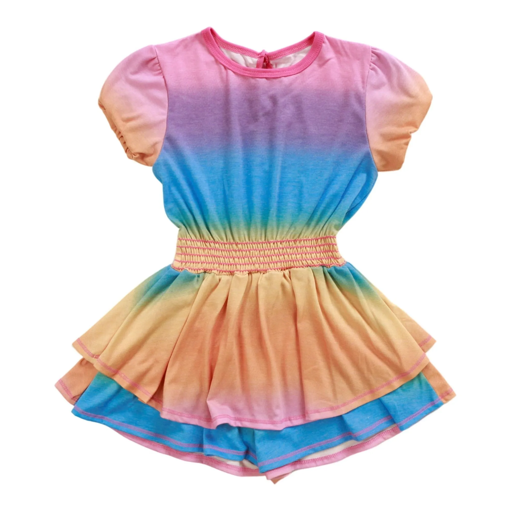 Rainbow ombré puff-sleeve dress photographed flat on pure white by Jasmine Chen