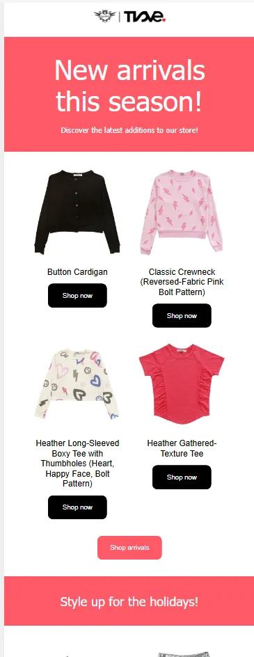 T2Love new-arrivals email: banner reading 'New arrivals this season!' above a grid of flat-lay tops with Shop now buttons