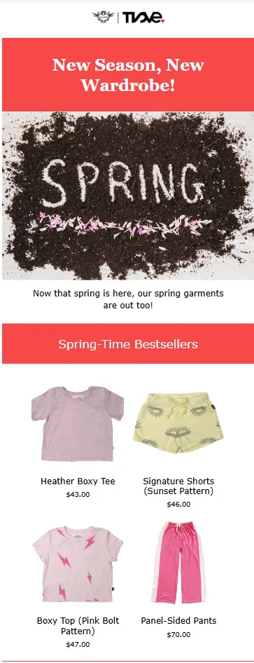 T2Love spring email: banner reading 'New Season, New Wardrobe!' above a photo of the word SPRING written in soil, followed by Spring-Time Bestsellers