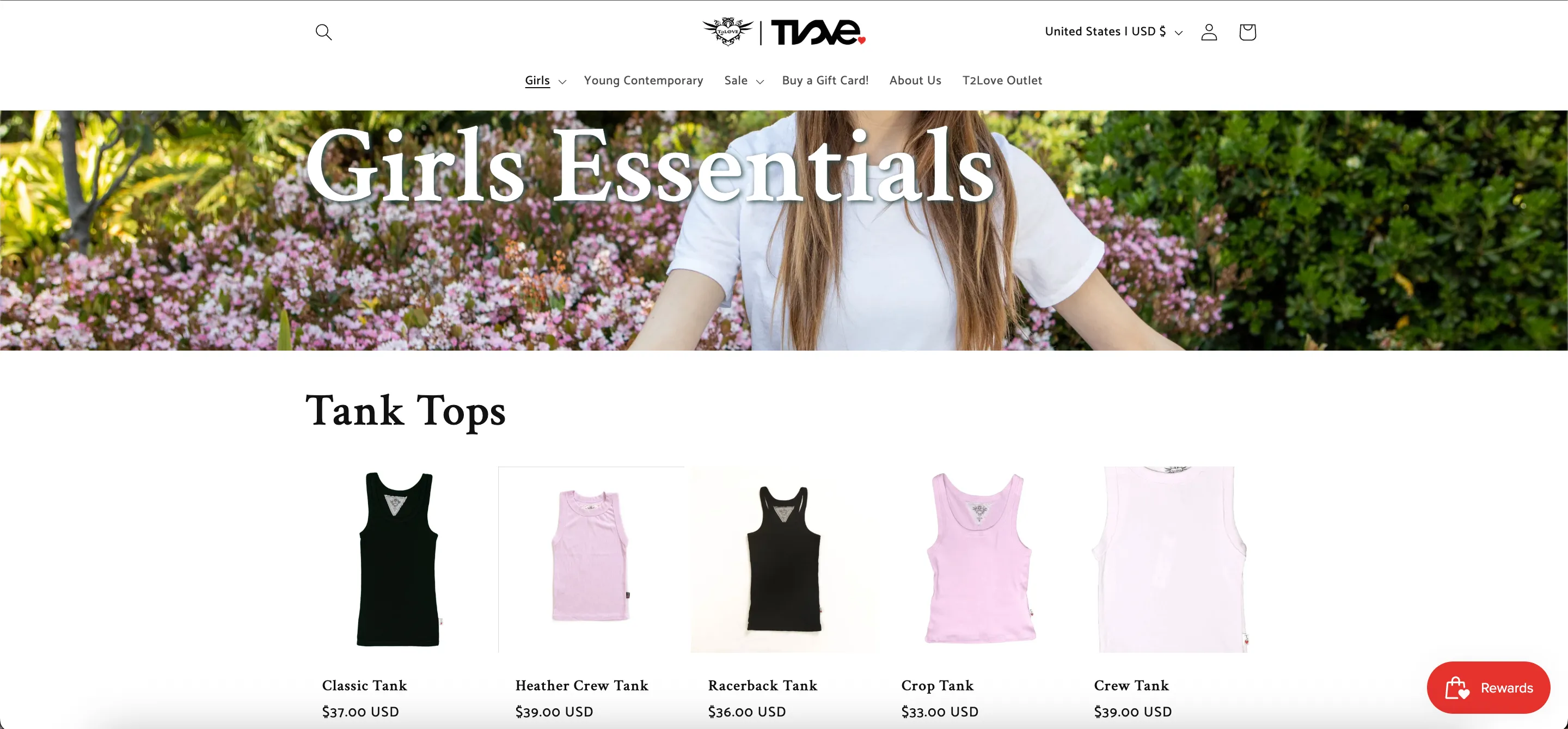 T2Love Girls Essentials collection page: banner photo and a grid of flat-lay tank top photos with names and prices