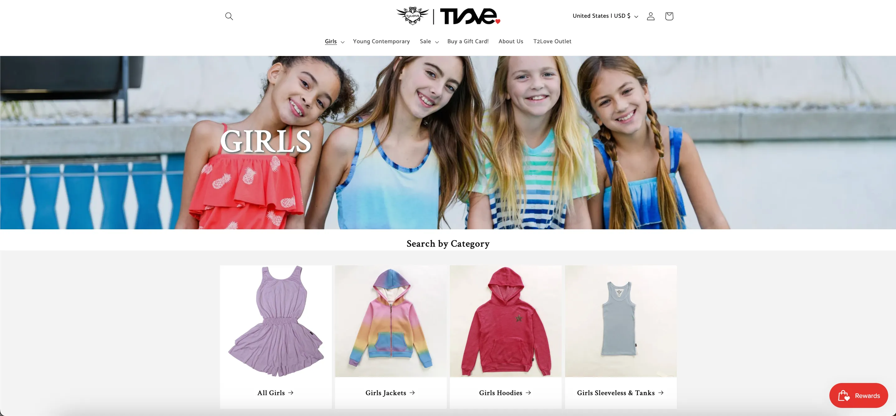 T2Love Girls' product page on Shopify, migrated and built by Jasmine Chen