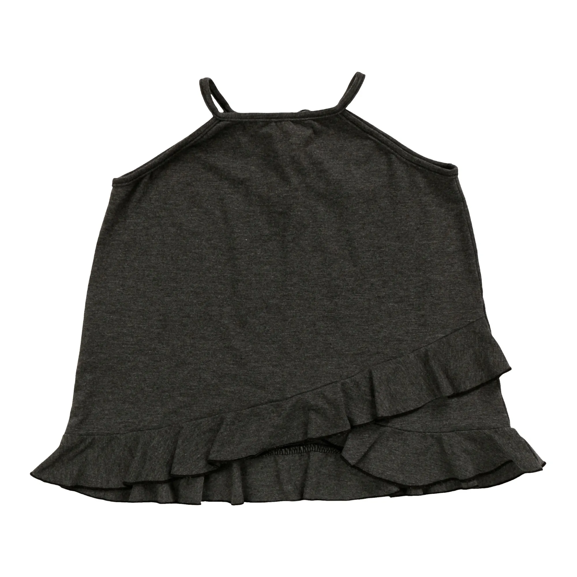Charcoal sleeveless top with asymmetric double ruffle hem, flat-lay on pure white